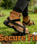 Universal Fit Lawn Aerator Shoes With Two Inch Spikes And Adjustable Straps in use on grass, shovel visible nearby
