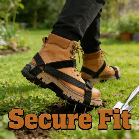 Universal Fit Lawn Aerator Shoes With Two Inch Spikes And Adjustable Straps in use on grass, shovel visible nearby