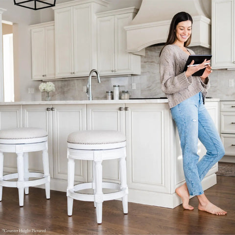 Backless Swivel Bar Stool, 30 Inch High, Nailhead Trim, Alabaster White Finish With Cream Upholstery, 180 Degree Swivel, Solid Wood Kitchen Chair For Modern Kitchens And Casual Hangouts