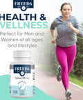 Calcium 600 Mg Supplement For Strong Bones Joints And Teeth Supports Healthy Muscle And Nerve Function Easy To Swallow Coated Tablets Gluten Free 100 Count bottle with woman jogging