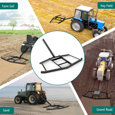 66 Inch Wide Tow Behind Driveway Drag Harrow with reinforced bars used on farming and landscaping surfaces