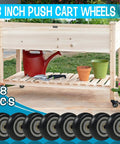 3 inch push cart wheels, 8-piece set with black PU material, shown in front of garden cart with tools and plants
