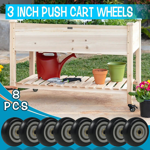 3 inch push cart wheels, 8-piece set with black PU material, shown in front of garden cart with tools and plants