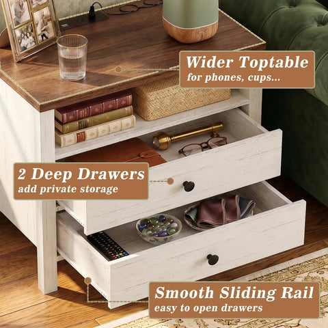 Set Of Two Modern Nightstands Featuring Double Drawers And Integrated Charging Station With Dual AC Outlets Plus USB Ports For Zero Wire Drama And Breezy Bedroom Refresh showing wider top and deep drawers.