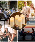 Image collage with different settings using Lit 12 Pack Flameless LED Candles Battery Operated Waterproof Pillars for parties and weddings.