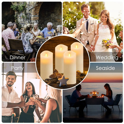 Image collage with different settings using Lit 12 Pack Flameless LED Candles Battery Operated Waterproof Pillars for parties and weddings.