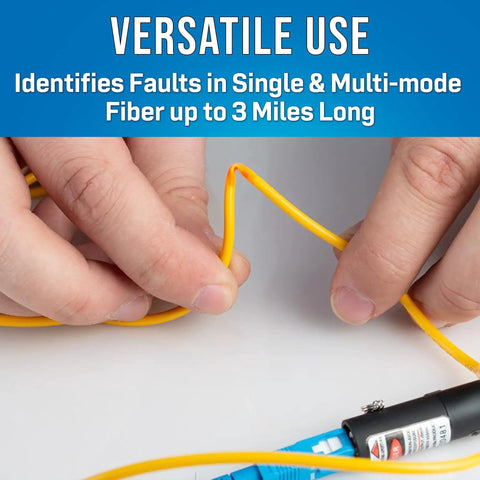 Hands using VFL 150 Visual Fault Locator with FC to LC Adapter, 650 nm Laser Diode, detecting faults in fiber optic cable.