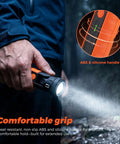 Person holding a Rechargeable LED Flashlight With Zoomable Head And 180 Degree Swivel, showing ABS and silicone handle.