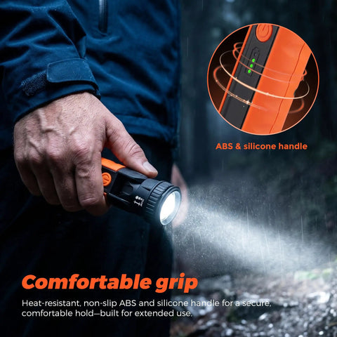 Person holding a Rechargeable LED Flashlight With Zoomable Head And 180 Degree Swivel, showing ABS and silicone handle.