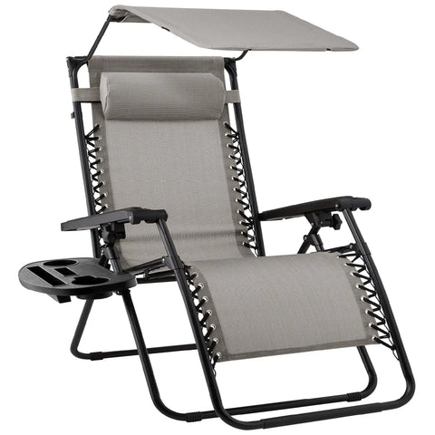 Zero Gravity Outdoor Folding Recliner Lounge Chair With Adjustable Canopy Shade Headrest And Side Tray For Easy Chill Sessions On Patio Deck Textilene Mesh Ice Gray steel frame.