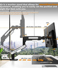 Premium Ergonomic Desk Mount Adjustable Monitor Stand With Fluid Smooth 360 Swivel Arm Fits 13 To 32 Inch LCD Screen shown in use with height and angle adjustments.
