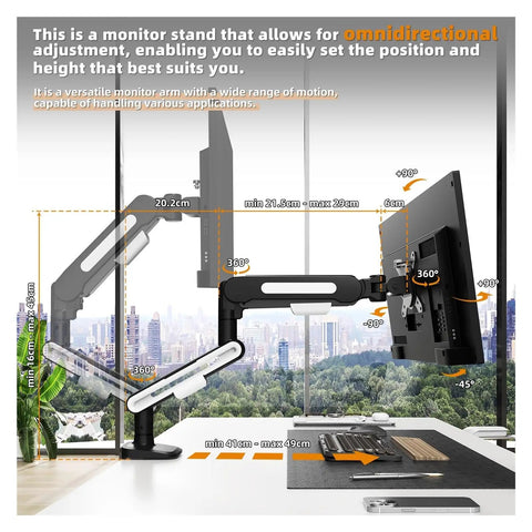Premium Ergonomic Desk Mount Adjustable Monitor Stand With Fluid Smooth 360 Swivel Arm Fits 13 To 32 Inch LCD Screen shown in use with height and angle adjustments.