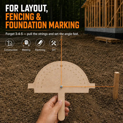 Jobsite Ready Wooden Angle Finder With Bright Orange String Line 12 By 10 Inch Birch Plywood Ruler expert degree layout gauge in use outdoors