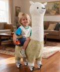 Child sitting on a plush llama ride-on toy with wheels in a living room, showcasing Dead Silent TPR Rubber Swivel Casters With Parking Brake Lock.