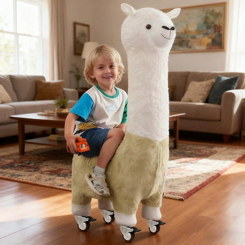 Child sitting on a plush llama ride-on toy with wheels in a living room, showcasing Dead Silent TPR Rubber Swivel Casters With Parking Brake Lock.