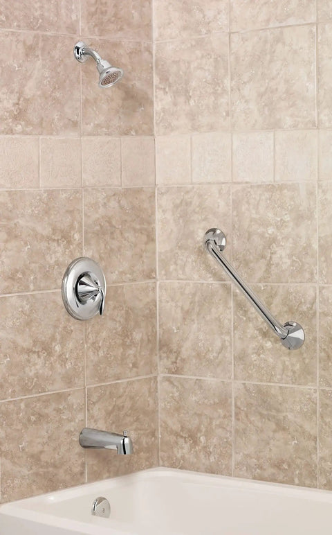 Eva Brushed Nickel Sleek Posi Temp Tub And Shower Trim Kit with showerhead, shower arm, tub spout, and lever handle on tiled wall