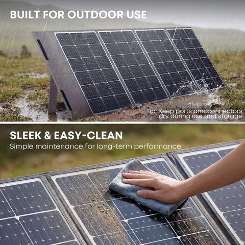 Ultra Light 200W Foldable Solar Panel 12V with Next Gen BC Tech and busbar-free cells used in rainy outdoor setting, easy maintenance