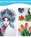 Colorful paper quilling designs with opera mask, heart, peacock, maple leaves, and tulips using the All In One 9 Piece Slotted Quilling Tool Set For Beginners To Pros, Pro Grade Ergonomic Craft Kit With Slotted Pens, Bone Folders, Tweezers, Awl And Curling Coach For Quilling, Scrapbooking, Card Making And Origami.
