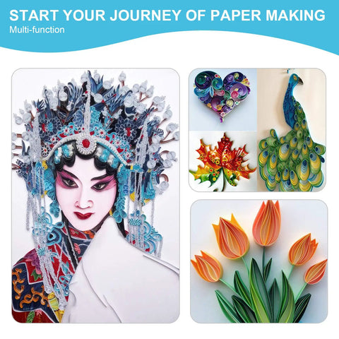Colorful paper quilling designs with opera mask, heart, peacock, maple leaves, and tulips using the All In One 9 Piece Slotted Quilling Tool Set For Beginners To Pros, Pro Grade Ergonomic Craft Kit With Slotted Pens, Bone Folders, Tweezers, Awl And Curling Coach For Quilling, Scrapbooking, Card Making And Origami.