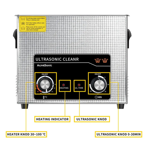 Front view of Pro Grade Ultrasonic Cleaner 15L with Knob and Timer, showing control panel with heating and ultrasonic settings.