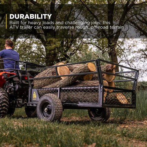 Heavy Duty ATV Trailer With 27.5 Cu Ft Bed, 1,400 Lb Load Capacity, transporting logs through grassy terrain