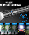 Rechargeable Tactical Flashlight 10000 Lumens Zoomable LED With Power Display IPX6 Waterproof Five Modes Brightness