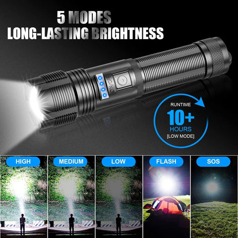 Rechargeable Tactical Flashlight 10000 Lumens Zoomable LED With Power Display IPX6 Waterproof Five Modes Brightness