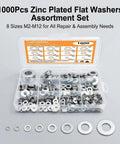 1000 Piece Zinc Plated Steel Flat Washers Workhorse Set With Eight Common Sizes M2 M3 M4 M5 M6 M8 M10 M12 in organizer