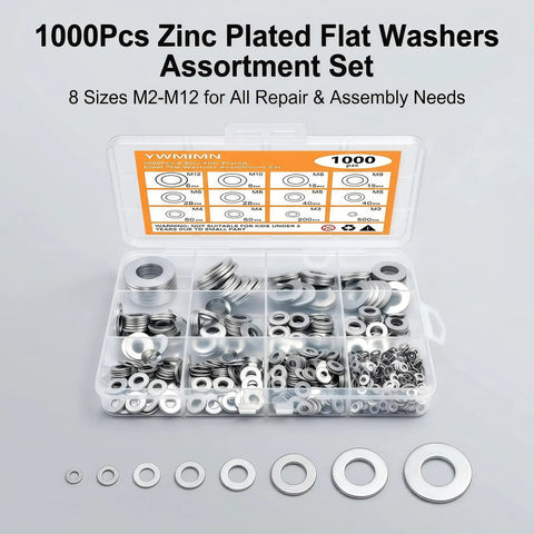 1000 Piece Zinc Plated Steel Flat Washers Workhorse Set With Eight Common Sizes M2 M3 M4 M5 M6 M8 M10 M12 in organizer