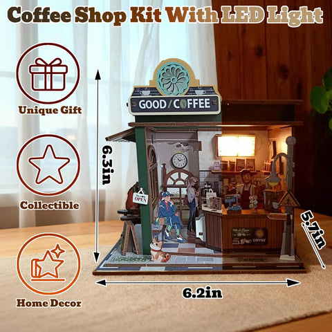 Cozy Coffee Shop 3D Wood Miniature Kit With LED Lights For Adults DIY Tiny House Model For Bookshelf Decor Lit Gift Display