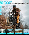 Rider on powerful 1500W peak fat tire electric bike for adults with 20x4 inch all terrain tires, built for trails and snow.