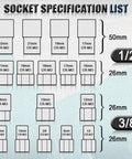 Ditch Those Stuck Bolts With This 19-Piece Bolt Nut Extractor Set For A Smooth 1/2-Inch And 3/8-Inch Drive Wheel Lock Removal Kit That Actually Gets the Job Done Right Without Breaking Your Tools Or Losing Your Mind On Tough Rust Jobs. socket specification chart with CR-MO extractors, 1/2 and 3/8 drive sizes