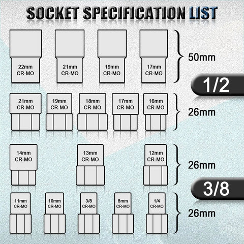Ditch Those Stuck Bolts With This 19-Piece Bolt Nut Extractor Set For A Smooth 1/2-Inch And 3/8-Inch Drive Wheel Lock Removal Kit That Actually Gets the Job Done Right Without Breaking Your Tools Or Losing Your Mind On Tough Rust Jobs. socket specification chart with CR-MO extractors, 1/2 and 3/8 drive sizes