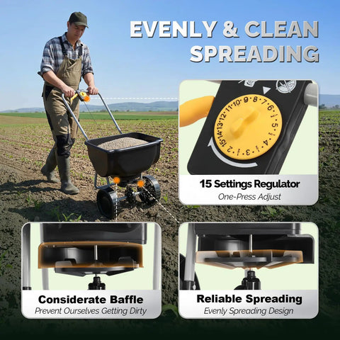 Person using 70 Lb Fertilizer Spreader With 15 Adjustable Drop Rate, Preassembled Walk Behind Seed Spreader, 9 Inch Tires for multi-terrain.
