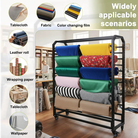 Heavy Duty Commercial Fabric Roll Storage Rack With 16 Adjustable Hanging Rods For Superior Cloth Organization displaying multiple fabric rolls in a workshop.