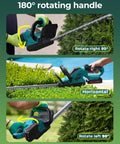 Powerful Cordless Hedge Trimmer With Dual Batteries, showing 180 Degree Rotatable Head in right, horizontal, and left positions