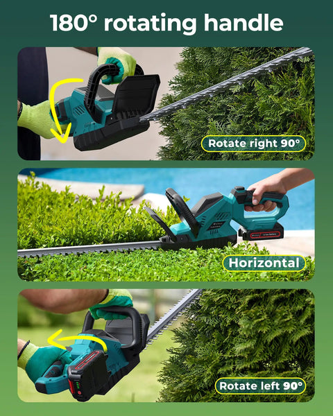 Powerful Cordless Hedge Trimmer With Dual Batteries, showing 180 Degree Rotatable Head in right, horizontal, and left positions