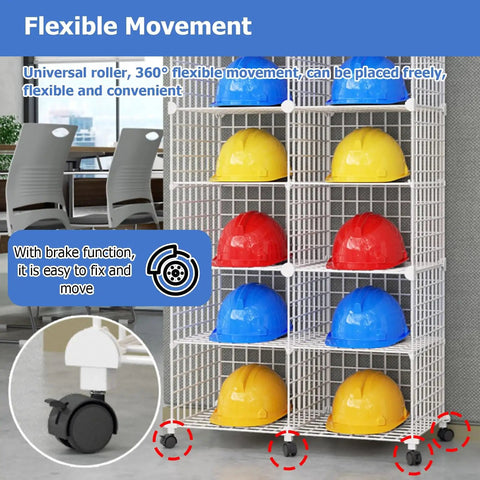 Adjustable Stackable Helmet Storage Box With Wheels 32 Grids And 8 Layers Floor Standing Hard Hat Organizer holding helmets