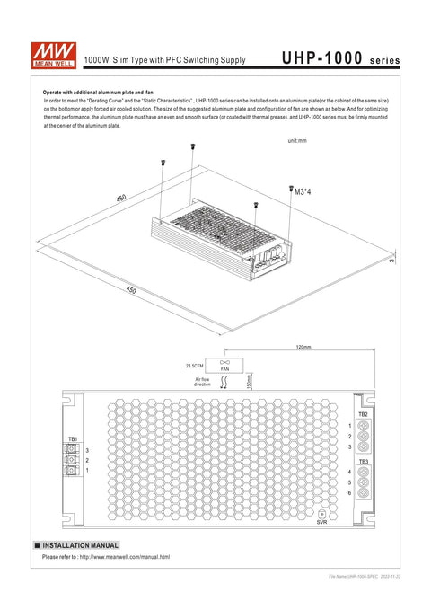 Beefy 1008W UHP-1000-24 Slim PFC Switching Power Supply 24V 42A, fanless conduction-cooled unit in installation drawing