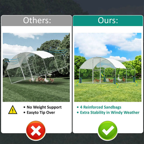 Comparison of chicken coops, showing others tipping over, ours stable with reinforced sandbags, Large Metal Chicken Coop And Walk In Chicken Run With Feeding Door Security Lock And Cover For Outdoor Backyard Farm And Yard Poultry Pen Dome Roof Silver 13.1 X 9.8 X 6.6 Feet.