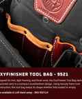 Close-up of OxyFinisher Tool Bag interior with leather trim, showcasing Handy Compact Tool Bag For Finish Carpentry Light Framing And Trim Work Built With Foam Core Construction To Keep Its Shape Loaded Or Empty Features Tons Of Pockets Holders And Clip On Tab For Tape Nails Made In Usa details.