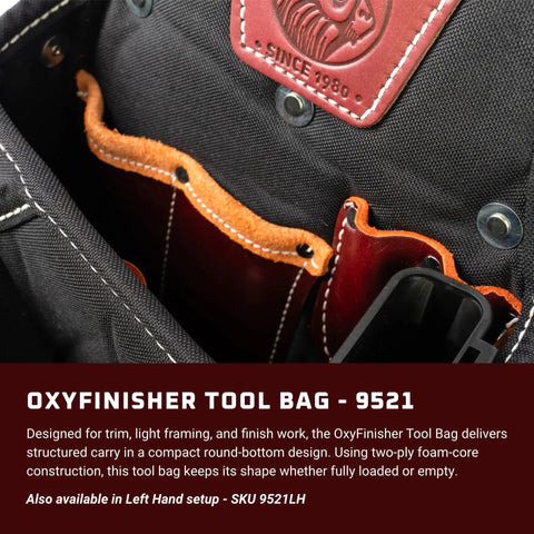 Close-up of OxyFinisher Tool Bag interior with leather trim, showcasing Handy Compact Tool Bag For Finish Carpentry Light Framing And Trim Work Built With Foam Core Construction To Keep Its Shape Loaded Or Empty Features Tons Of Pockets Holders And Clip On Tab For Tape Nails Made In Usa details.