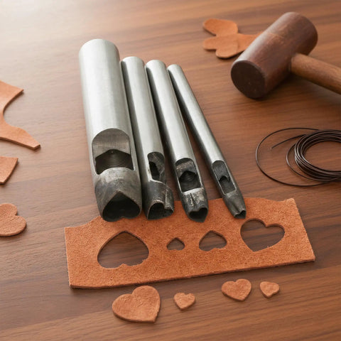 Heart Shape Hollow Punch Set 4 Piece Pro Grade For Leather Craft Tools 4mm 7mm 9mm 19mm Hole Punches displayed on table