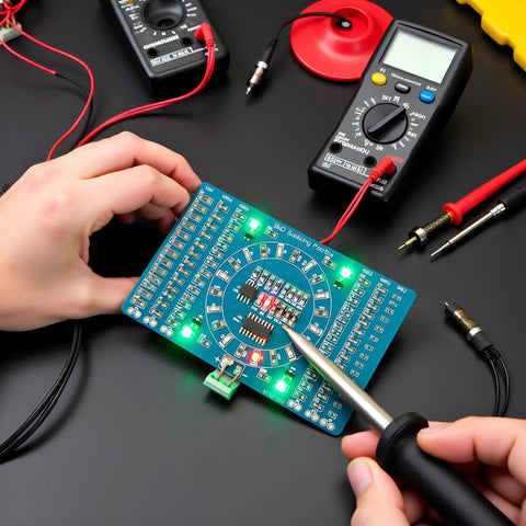 Hands soldering DIY Soldering Practice Kit For SMD SMT Welding Training Board EK7026 With Water Lamp Circuit, tools nearby.