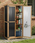 Weatherproof Outdoor Storage Cabinet With Adjustable Shelves, Tall Vertical Shed with tools, against brick wall