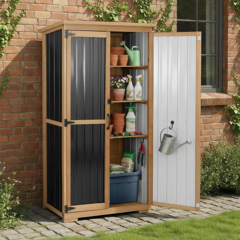 Weatherproof Outdoor Storage Cabinet With Adjustable Shelves, Tall Vertical Shed with tools, against brick wall