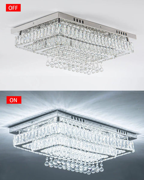Modern Crystal Ceiling Light Chandelier With LED Fixture For Bedroom Living Room Dining Room Kitchen Rectangular 13.8 Inch White Dimmable; top view showing unlit and lit states.