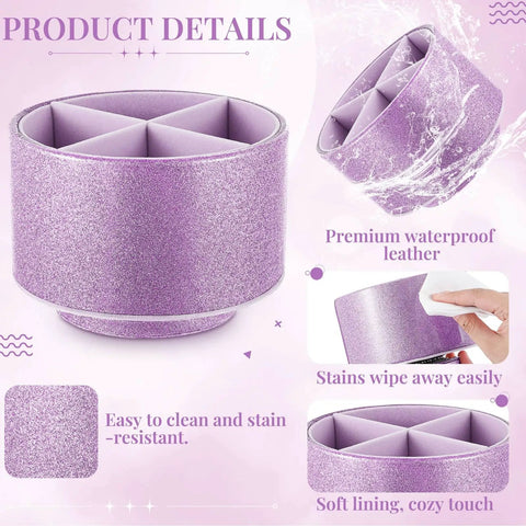 360 Degree Spin Glitter Pencil Holder In Purple PU Leather Four Compartment Desk Organizer Cup for teachers, women, and girls.
