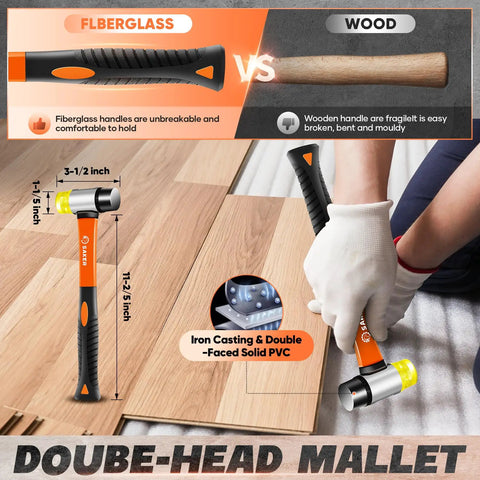 Comparing fiberglass and wood mallets with double-facing; part of 7-In-1 Laminate Flooring Installation Kit With 60 Spacers, Tapping Block