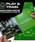 Person holding a brochure above the Ten Foot Green Golf Putting Mat With Realistic Surface For Indoor And Outdoor Training Boost Distance Control And Accuracy At Home Great Gift For Christmas And Golf Enthusiasts